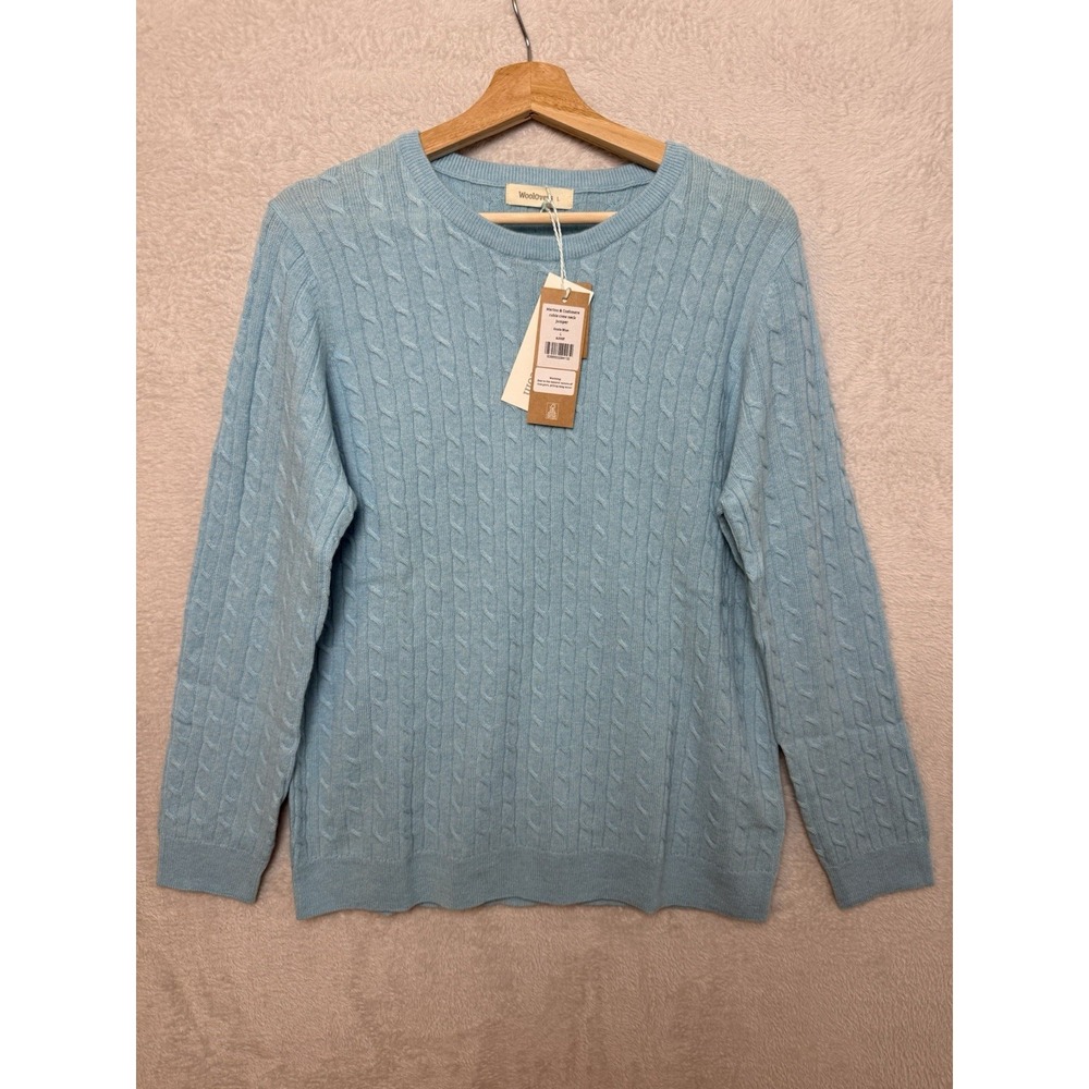 Woolovers Merino Wool Cashmere Cable Crew Neck Jumper Oasis Blue Knit Sweater Lg